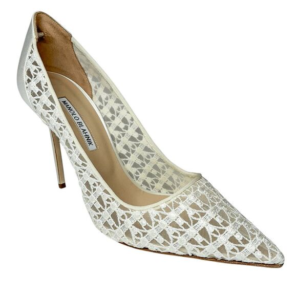 Manolo Blahnik BB 105 White Lace Satin Pumps Bridal Heels Size 41 Made in Italy - Picture 1 of 12